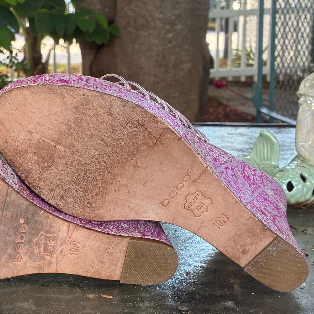 Vintage Bebe Metallic Pink and Asian Satin Wedge Sandals - Picture 8 of 8